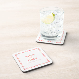Coral White Wedding Modern Newlywed Minimalist Coaster