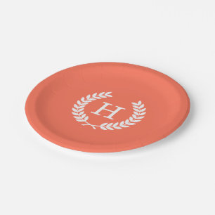 Coral White Wheat Laurel Wreath Initial Monogram Paper Plate