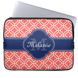 Coral Wht Moroccan Pattern Navy Monogram Laptop Sleeve