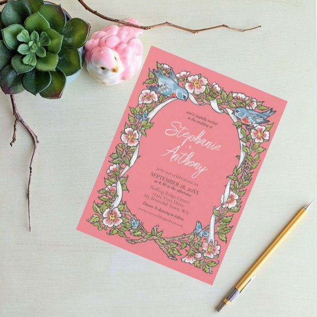 Coral Wildflower Bird Floral Border Boho Wedding Invitation (Creator Uploaded)