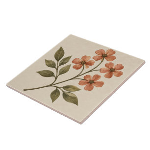 Coral Wildflower Botanical Ceramic Tile