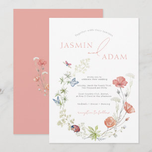 Coral Wildflower Butterfly Monogram Wedding Invitation