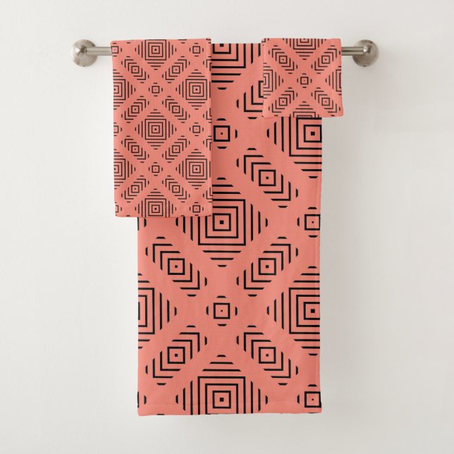 Coral with black geometric pattern bath towel set (Insitu)