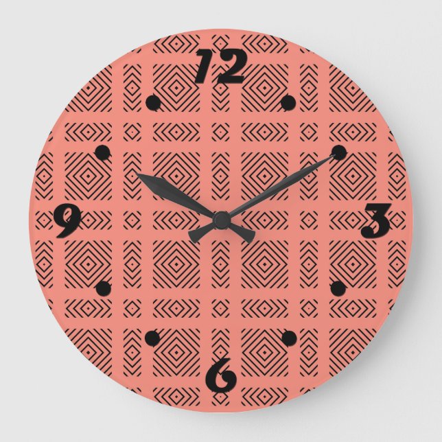 Coral with black geometric pattern large clock (Front)