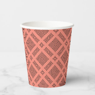 Coral with black geometric pattern paper cups