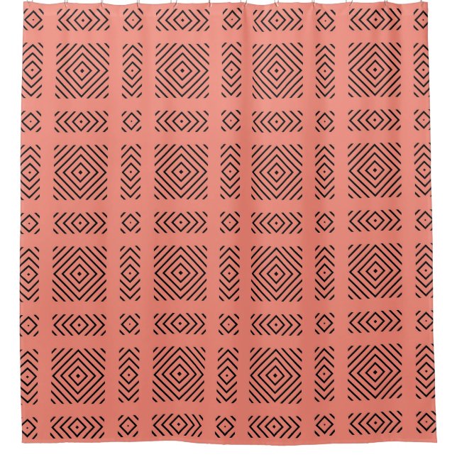 Coral with black geometric pattern shower curtain (Front)