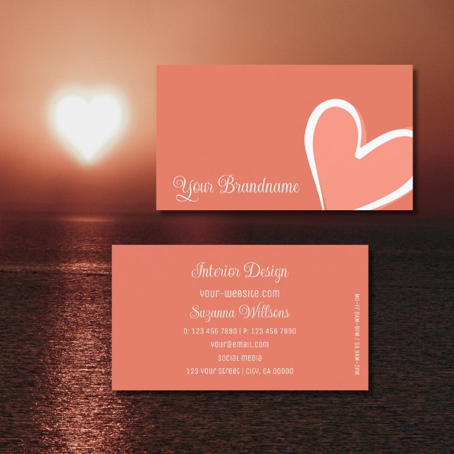 Coral with Gorgeous Pink Heart Modern Cute Simply Business Card (Creator Uploaded)