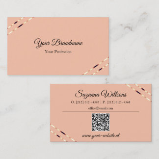 Coral with Rose Gold Lines and QR Code Elegant Business Card