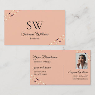 Coral with Rose Gold Lines Monogram and Photo Business Card