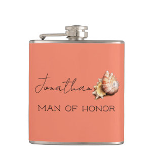 Coral with Shell Personalised Man of Honour Flask