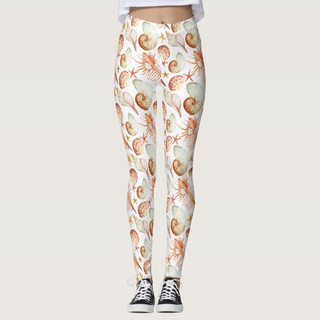 Coral With Shells And Crabs Pattern Leggings (Front)