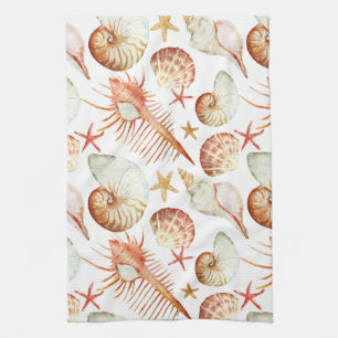 Coral With Shells And Crabs Pattern Tea Towel