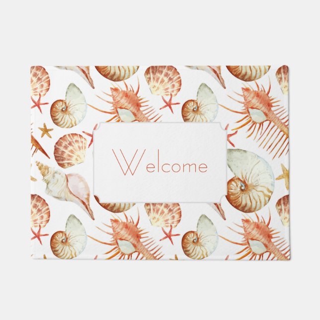 Coral With Shells & Crabs Pattern | Add Your Text Doormat (Front)
