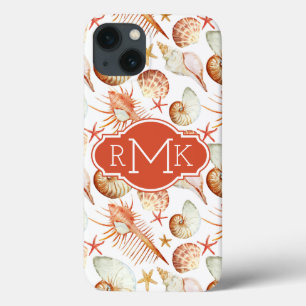 Coral With Shells & Crabs Pattern   Monogram iPhone 13 Case