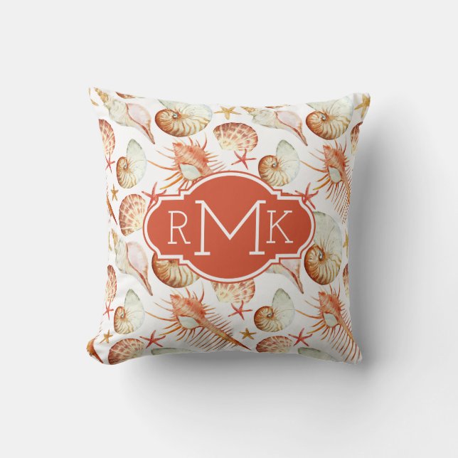 Coral With Shells & Crabs Pattern | Monogram Cushion (Front)