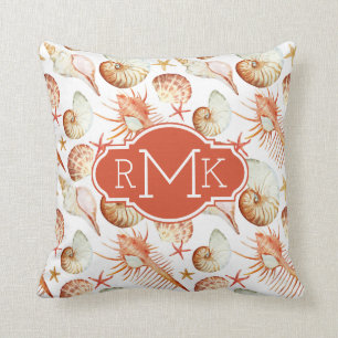 Coral With Shells & Crabs Pattern   Monogram Cushion