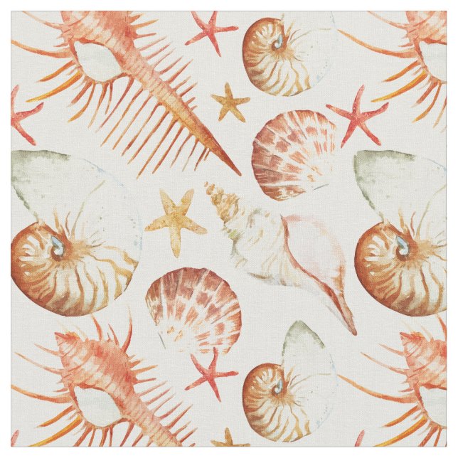 Coral With Shells & Crabs Pattern | Monogram Fabric (Close Up)