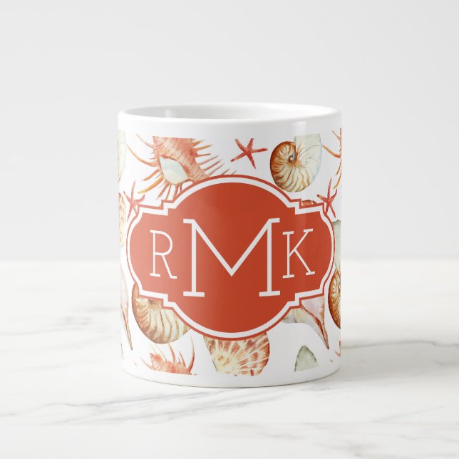 Coral With Shells & Crabs Pattern | Monogram Large Coffee Mug (Front)