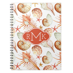 Coral With Shells & Crabs Pattern   Monogram Notebook