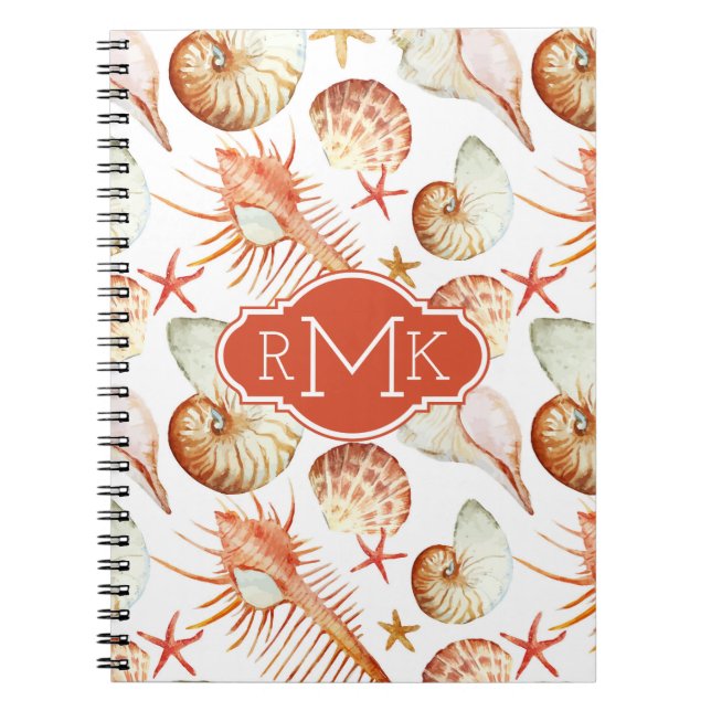 Coral With Shells & Crabs Pattern | Monogram Notebook (Front)