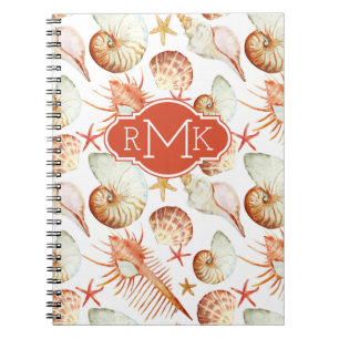 Coral With Shells & Crabs Pattern Monogram Notebook