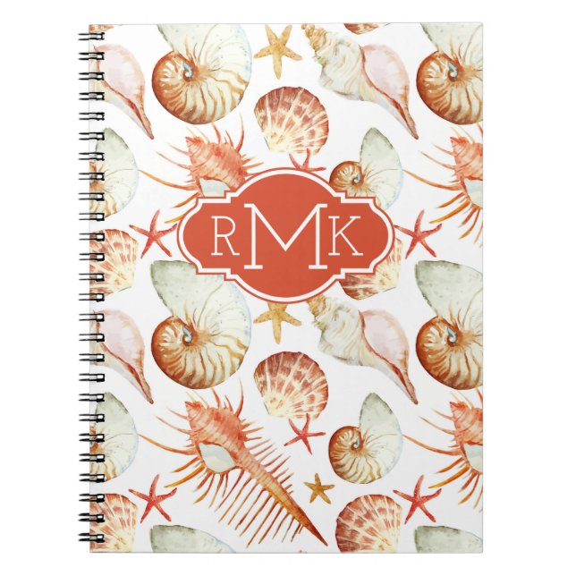 Coral With Shells & Crabs Pattern | Monogram Notebook (Front)