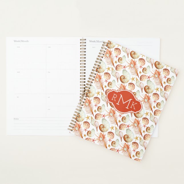 Coral With Shells & Crabs Pattern | Monogram Planner (Display)