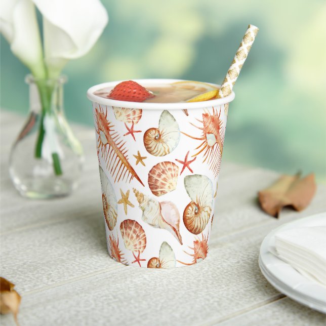 Coral With Shells & Crabs Pattern Paper Cups (Insitu)