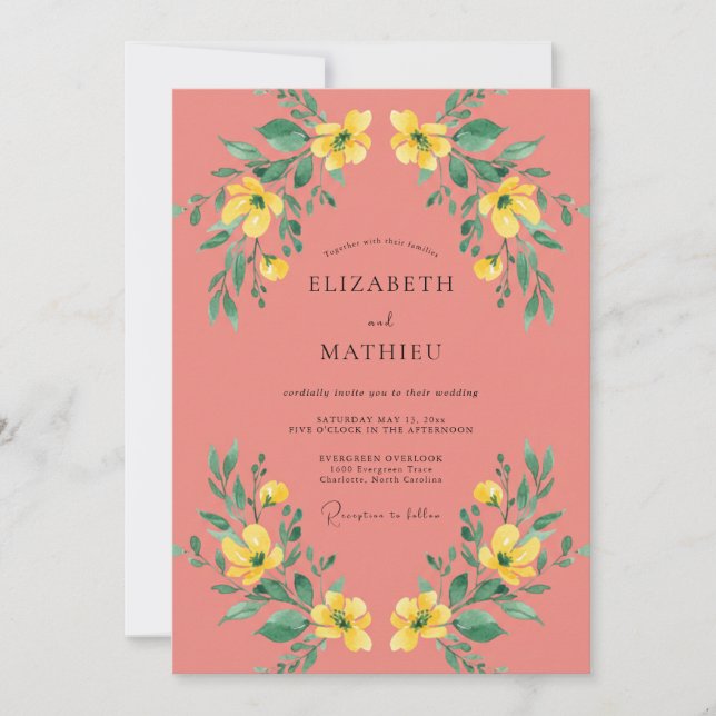 Coral Yellow Blossom Botanical Wedding Invitation (Front)