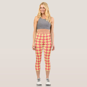 Coral Yellow Chequered Diamond Pattern  Capri Leggings