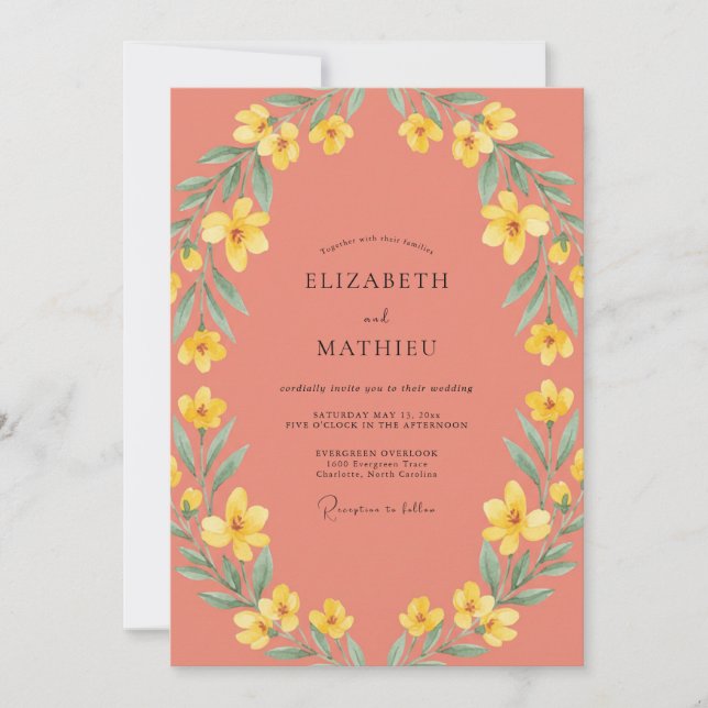 Coral Yellow Floral Bloom Wedding Invitation (Front)