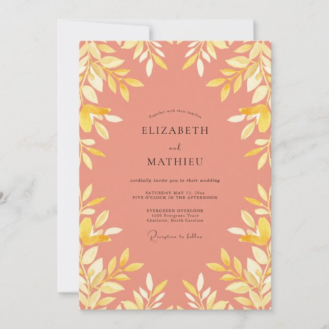 Coral Yellow Leafy Wedding Invitation (Front)