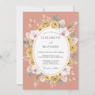 Coral Yellow Ranunculus Eucalyptus Wedding Invitation