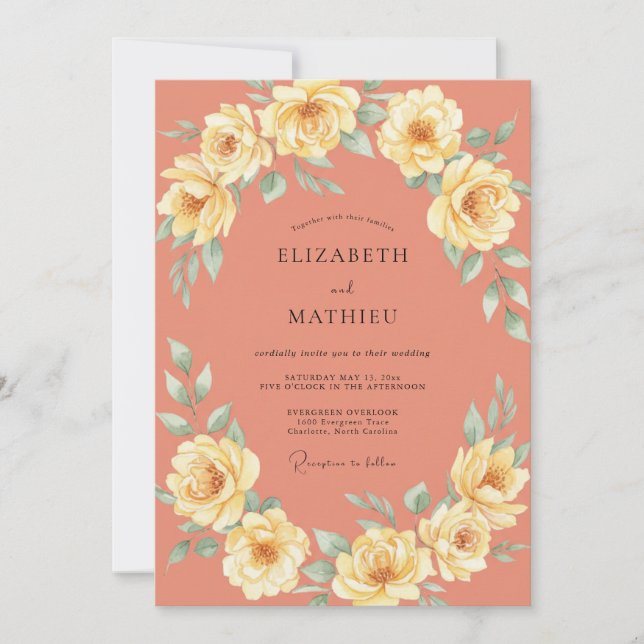 Coral Yellow Ranunculus Muted Eucalyptus Wedding Invitation (Front)