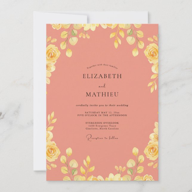 Coral Yellow Rose Wedding Invitation (Front)