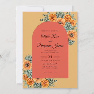 Coral Yellow Succulent Eucalyptus Wedding Invitation