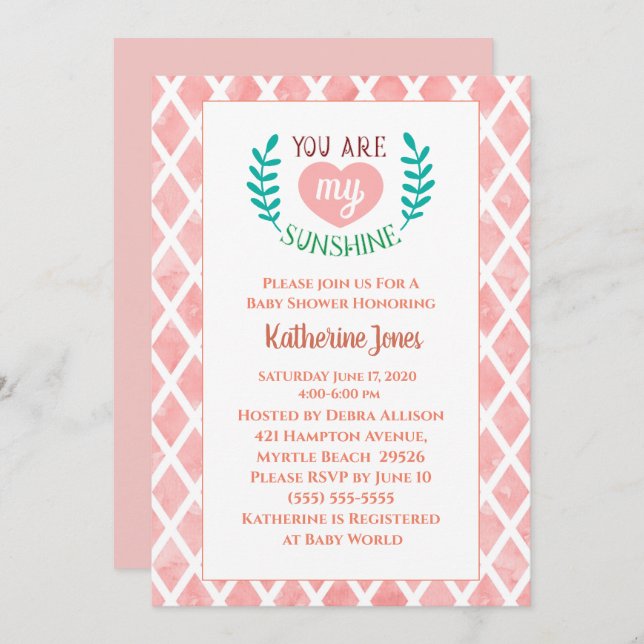 Coral You Are My Sunshine Baby Shower Invitation (Front/Back)