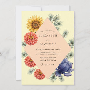 Coral Zinnia Yellow Eucalyptus Wedding Invitation