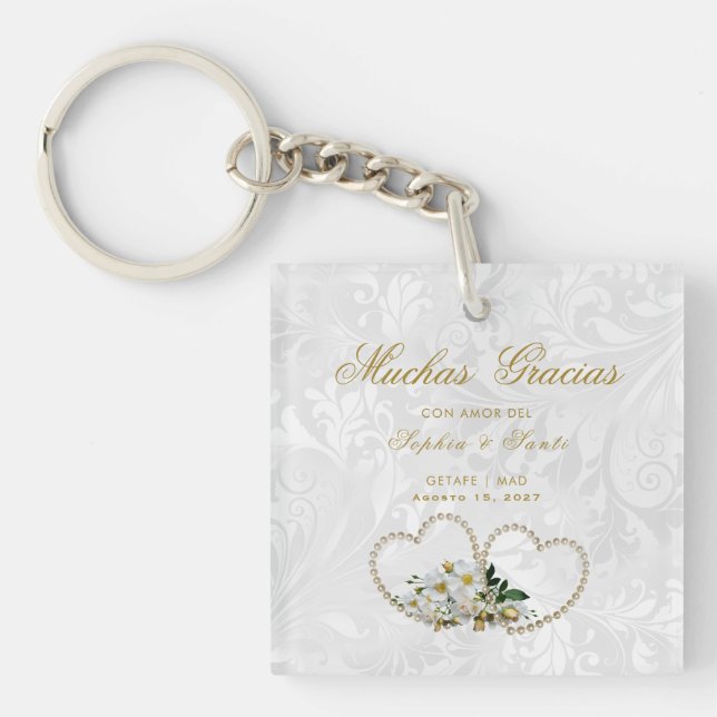 Corazones De Perlas Y Flores, Damasco Gracias Key Ring (Front)