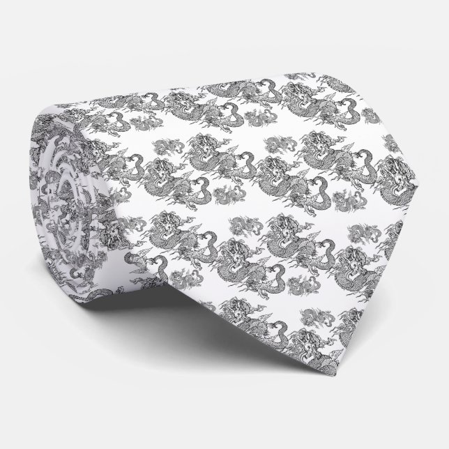 Corbata elegante blanco con dragón negro tie (Rolled)