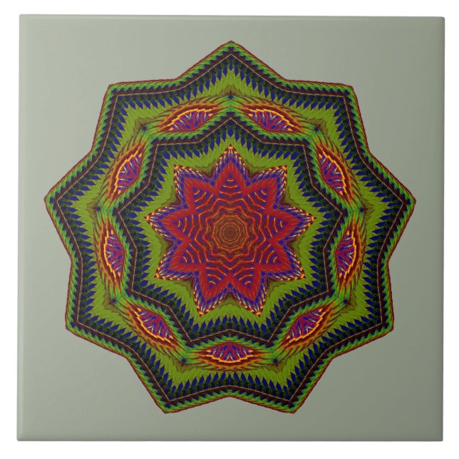 Corded Green And Red Mandala Star Tile (Front)
