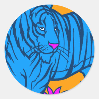 COREY TIGER 1980's RETRO JUNGLE TIGER BLUE Classic Round Sticker