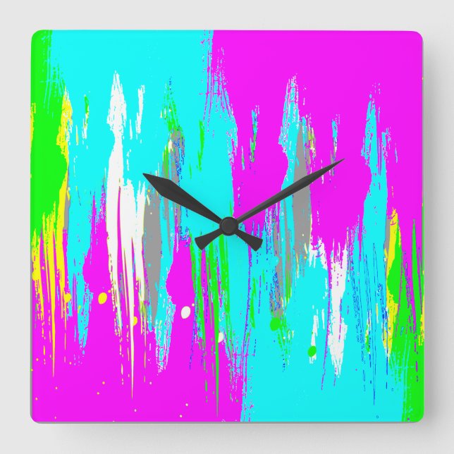 Corey Tiger 80s Retro Neon Splatter Paint Square Wall Clock (Front)