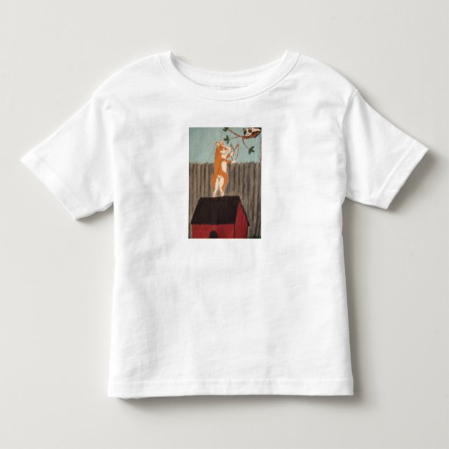 Corgi aiming sling shot at cat T-Shirt (Front)