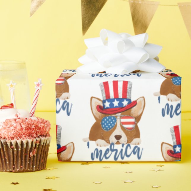 Corgi American Hat Patriotic Stars and Stripes  Wrapping Paper (Birthday Party)