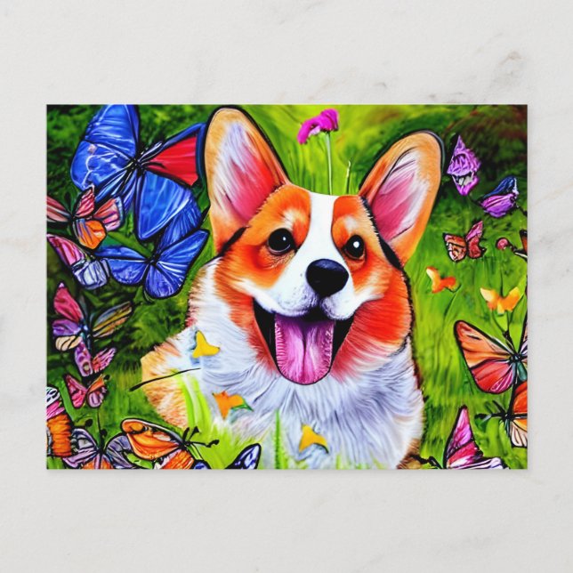 Corgi and butterfly art postcard (Front)