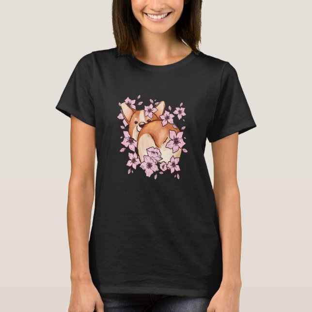 Corgi and  corgi with sakura and cherry blossom T-Shirt (Front)