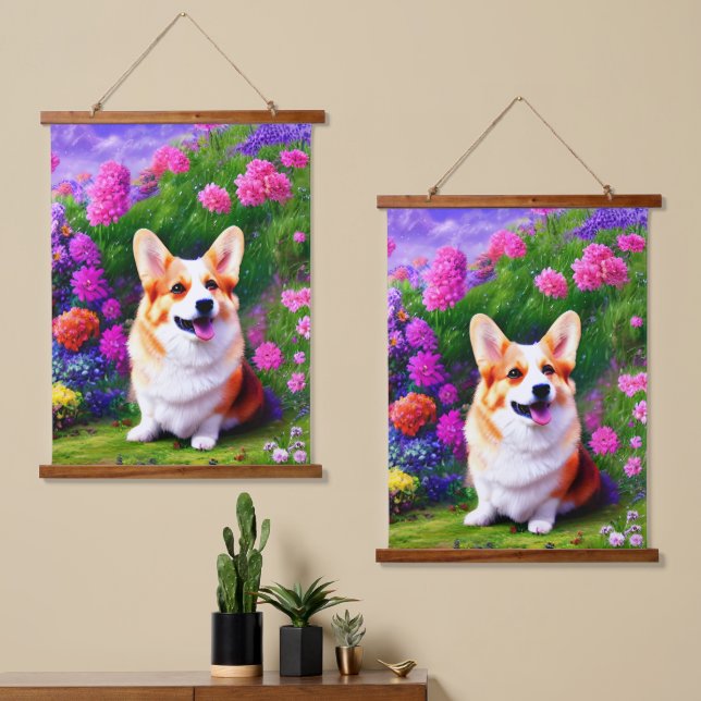 Corgi and Flowers Hanging Tapestry (Asymmetrical)