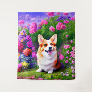 Corgi and Flowers Tapestry
