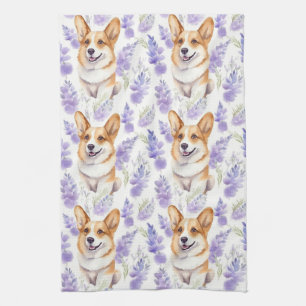 Corgi and Lavender Flowers Pattern Tea Towel